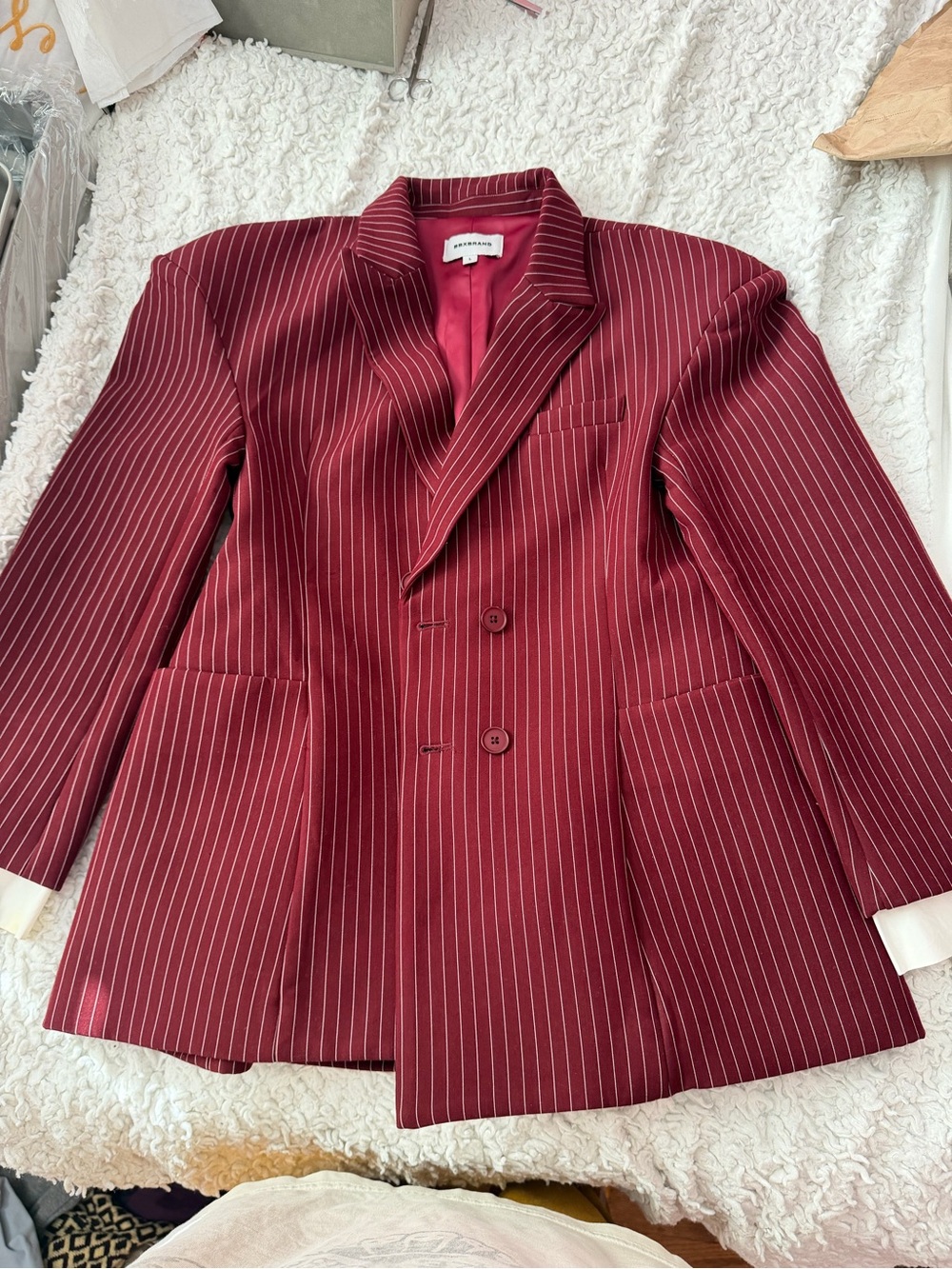 Double-Breasted Pinstripe Blazer in Burgundy - Unbranded